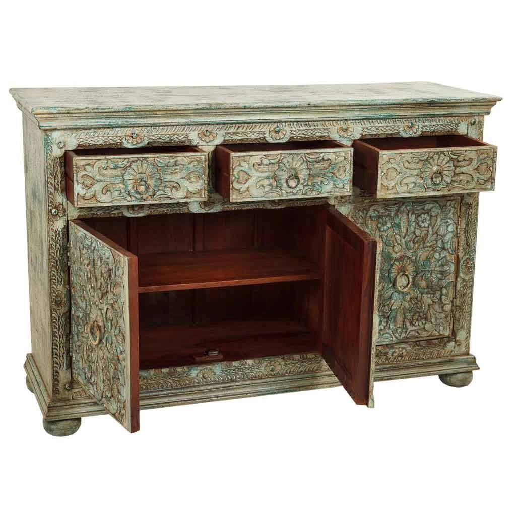 Credenza in legno intagliato verde 147x45x96h
