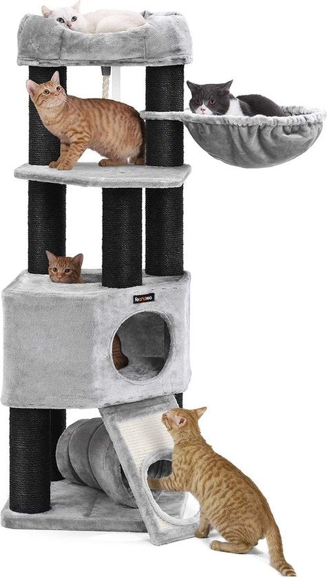 Krappaolo gigante grande - krappaolo con piattaforma di osservazione morbida - lettino e grotta per abbracciare - Albero per gatti - torre per gatti - stami extra spessi completamente avvolto con sisal nero - stabile - grigio chiaro