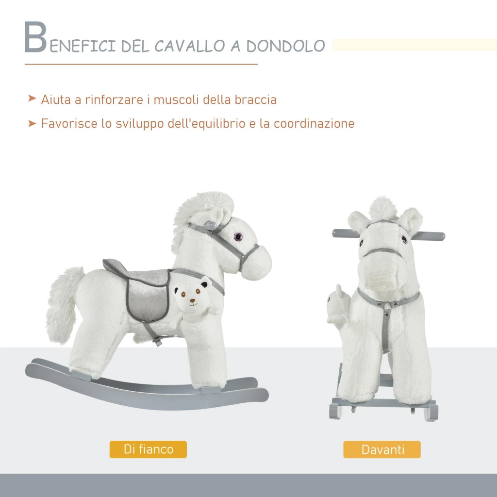 Cavallo a Dondolo in Peluche e Legno con Orsetto e Suoni Bianco