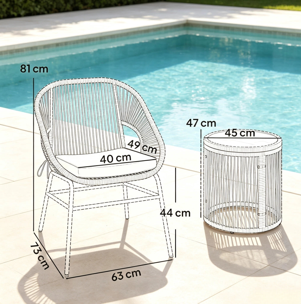 Set lounge da balcone 2 posti in rattan sintetico beige con tavolino in vetro temperato