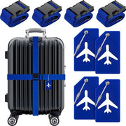Set di cinture per bagagli 8 pezzi - 4 cinture per valigie regolabili - 4 etichette per bagagli in silicone con carte di identificazione - cinture per bagaglio - cinture per valigie - accessori per viaggio - Blu scuro