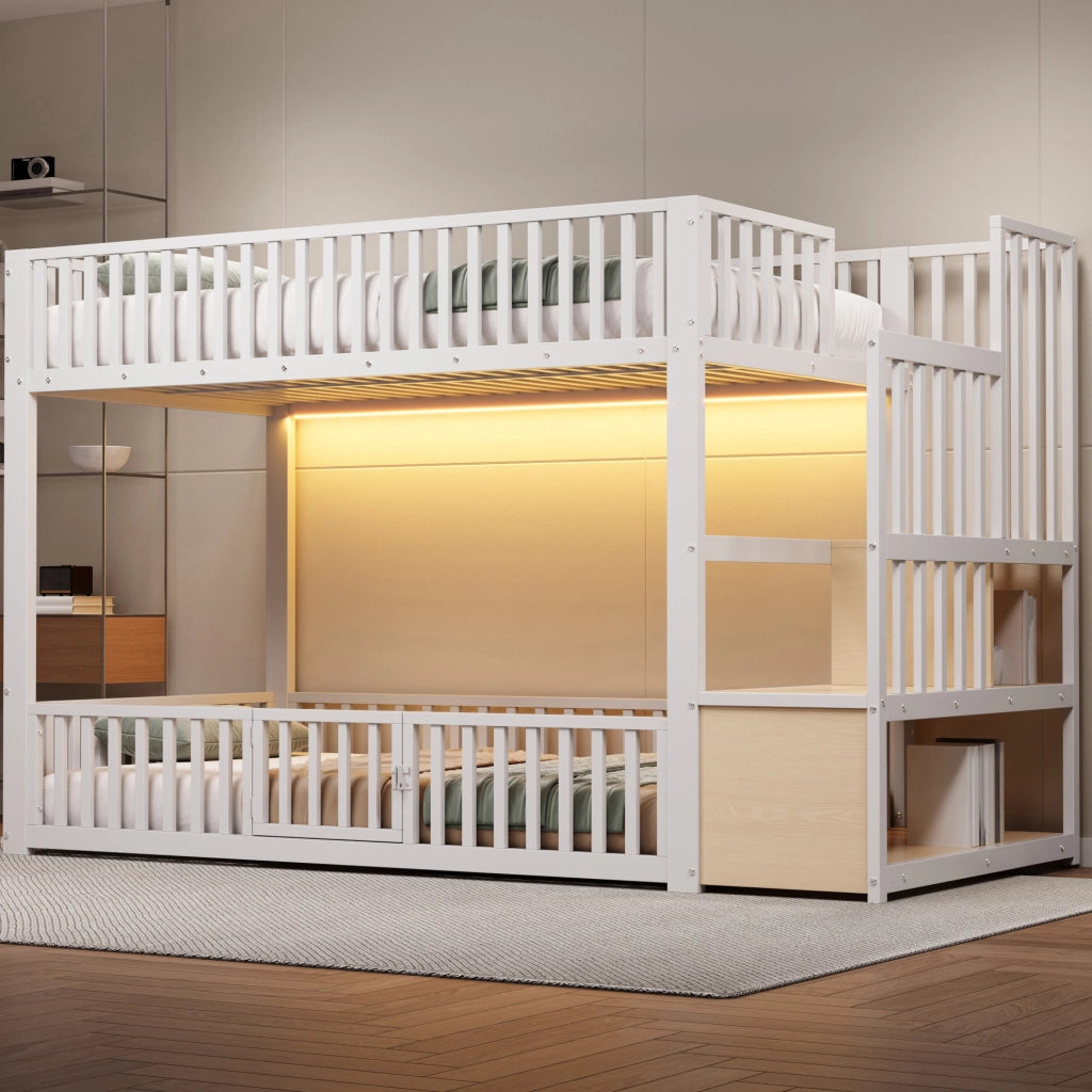 Letto a castello basso 90x200 cm con scala contenitore e LED; bianco