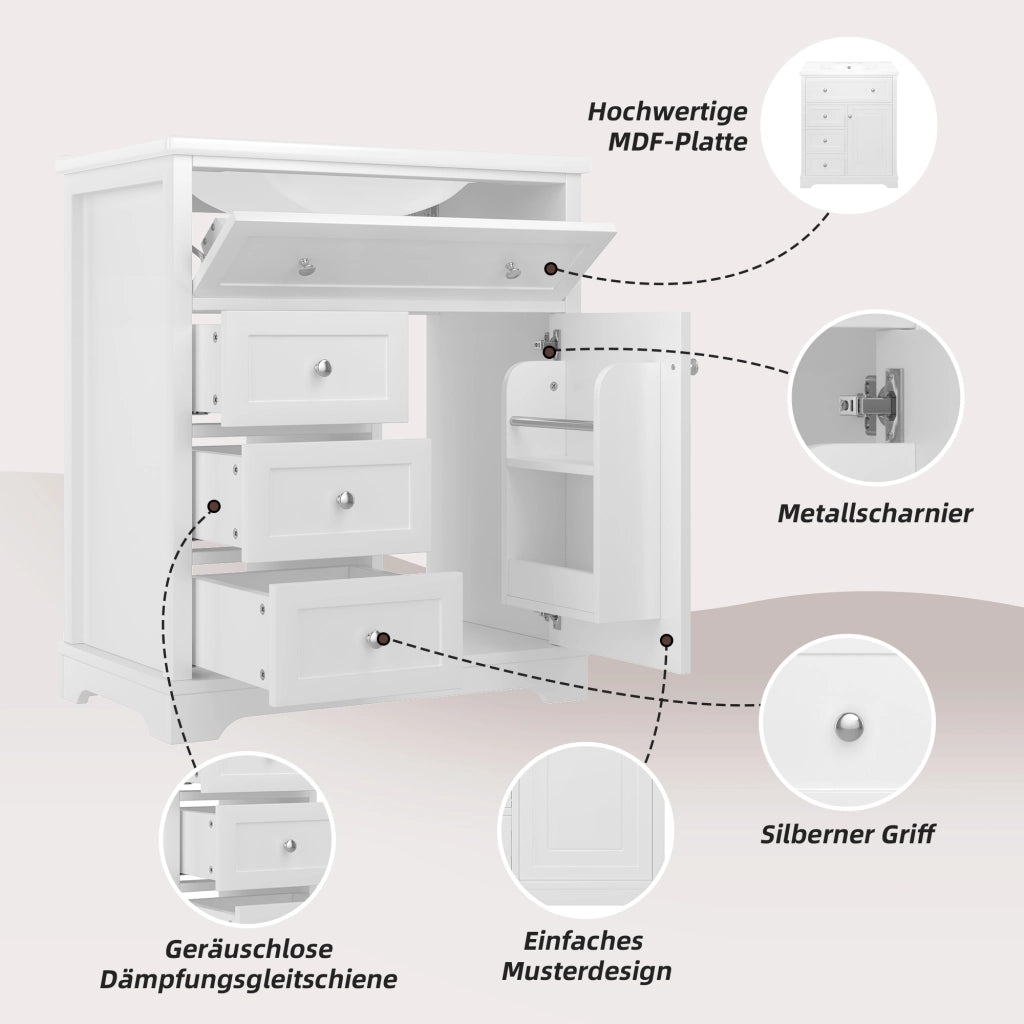 Mobile sottolavabo da bagno con lavabo integrato in ceramica, 4 cassetti e 1 anta, MDF bianco 76 × 46 × 87 cm
