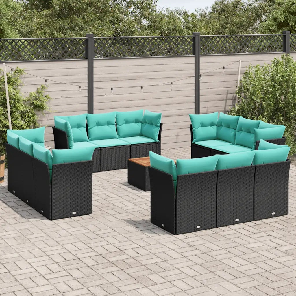 Set Divani da Giardino 13pz con Cuscini Nero in Polyrattan