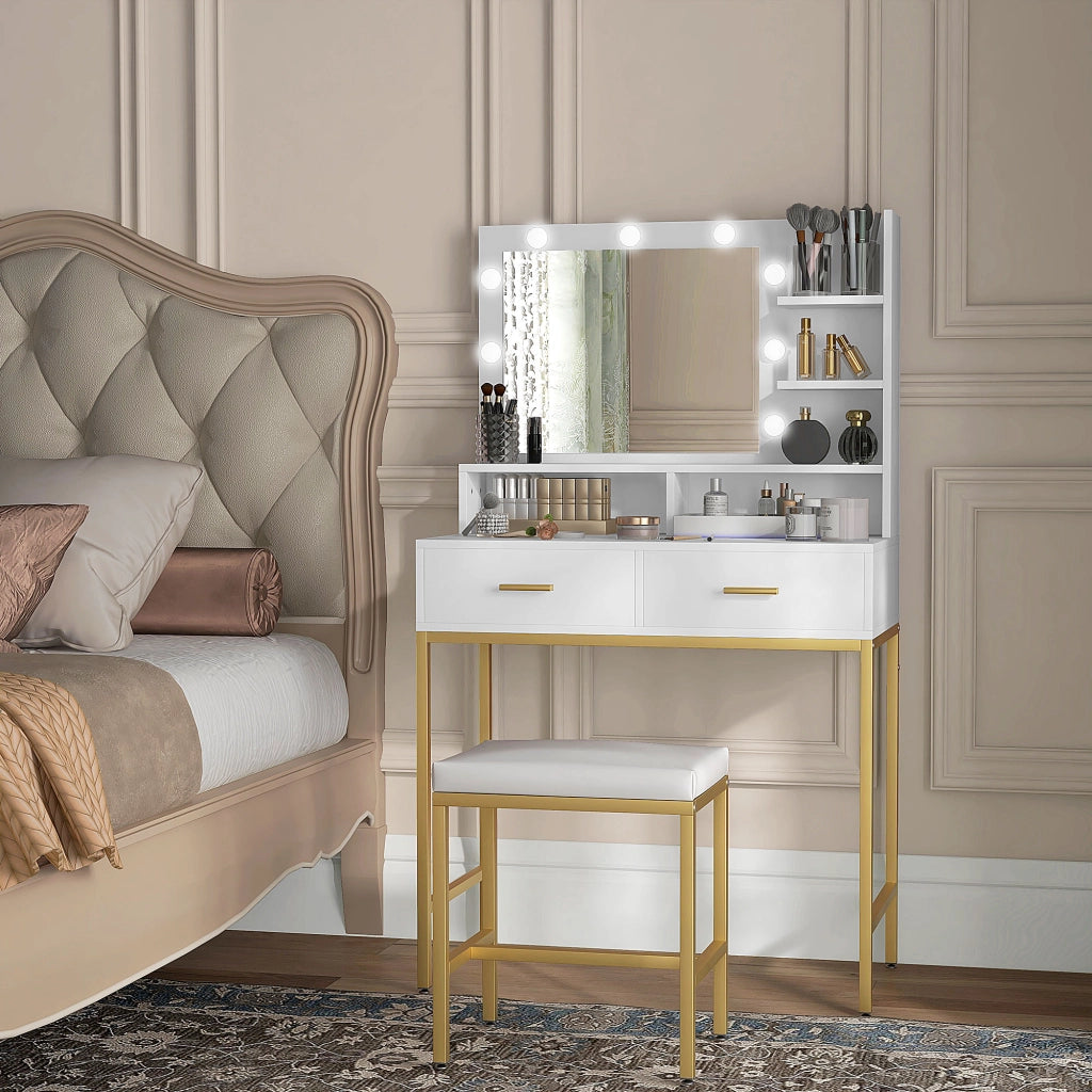 Mobile da Bagno con Specchio, 2 Cassetti e Sgabello ¨C zephmum ¨C Bianco, MDF e Truciolato, 80x40x138 cm