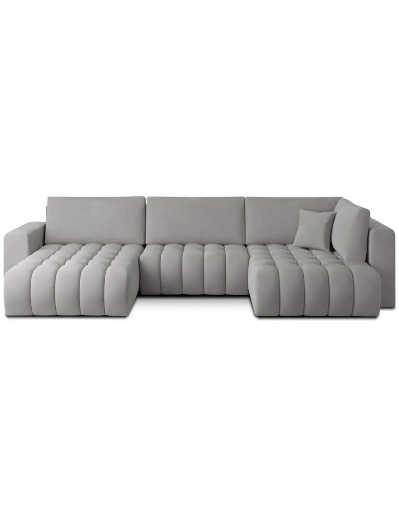 Divano ad angolo BONITA trasformabile 6 posti grigio chiaro effetto velluto – sinistro – 350x175cm