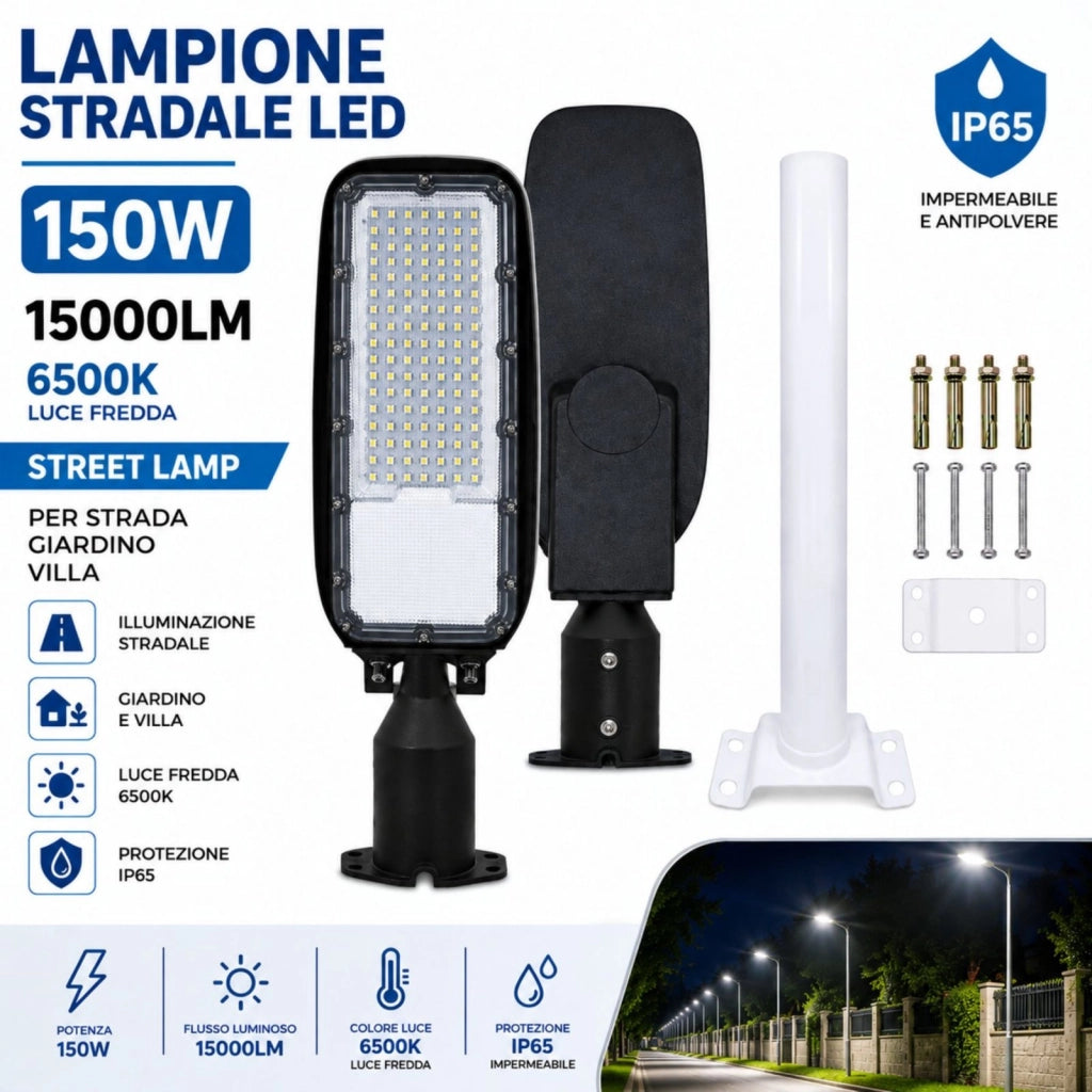 Lampione Stradale Led 150W 15000LM 6500K Street Lamp Per Strada Giardino Villa IP65