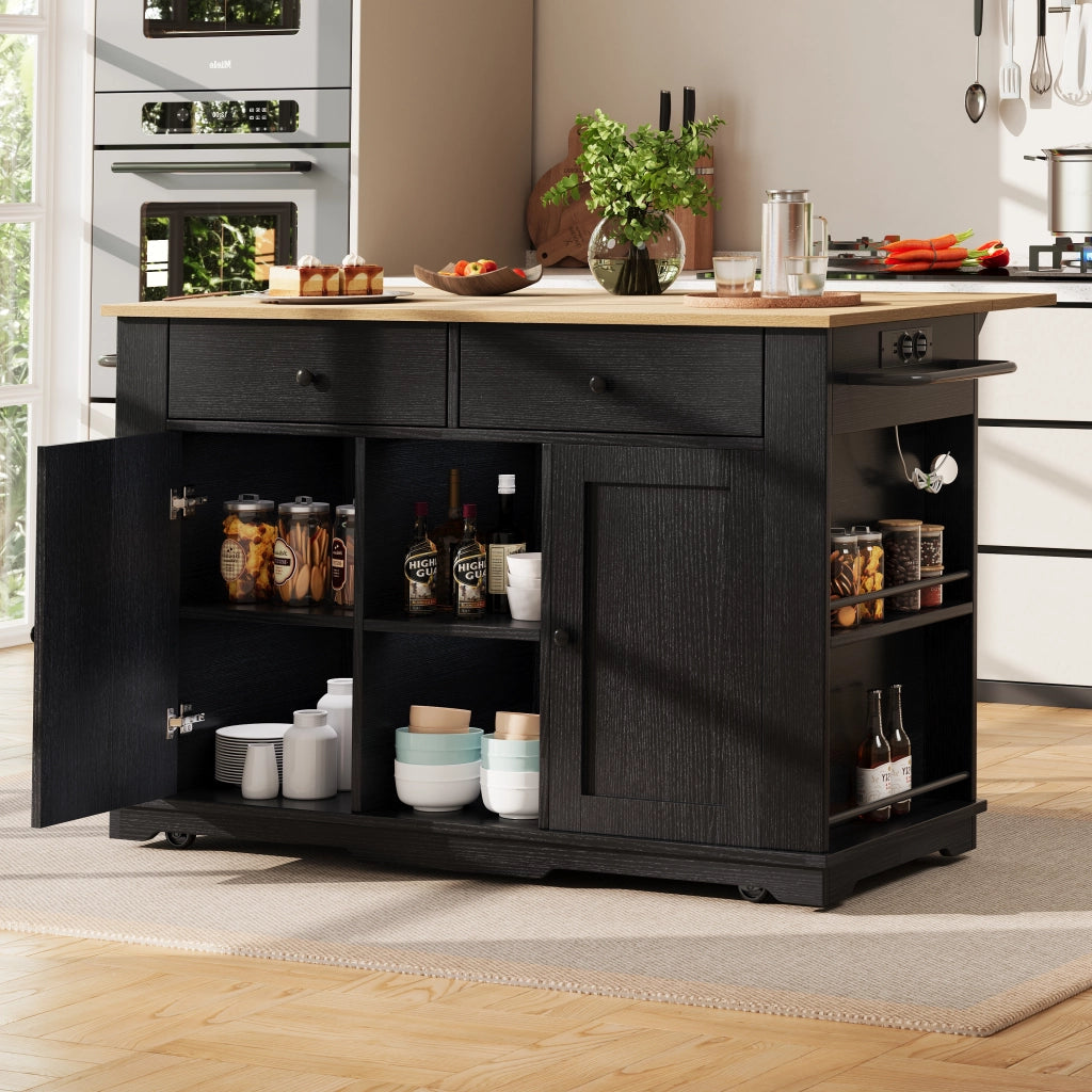OKWISH Carrello da cucina con 2 Cassetti e 6 Vani, Piano Ribaltabile, Prese di Corrente e Portaasciugamani, per Cucina, MDF e Metallo, Nero e Naturale