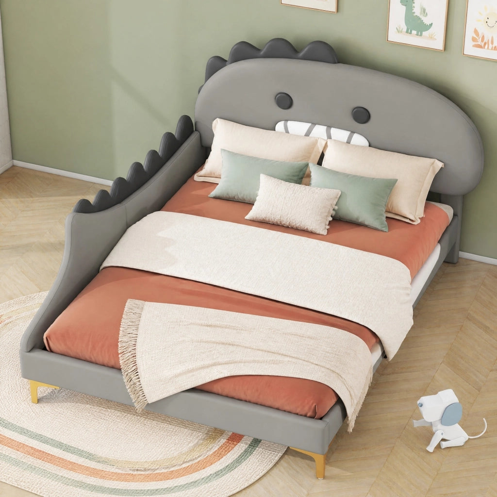Letto per bambini a forma di dinosauro in PU grigio; per materasso 140 x 200 cm