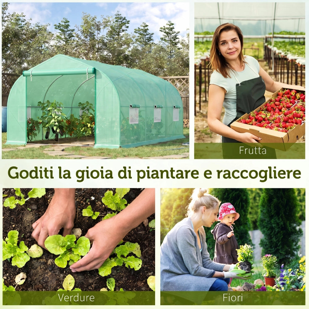 Serra per Orto a Tunnel 4.5x3x2m con Tetto Spiovente in PE e Tubi d'Acciaio Verde Scuro