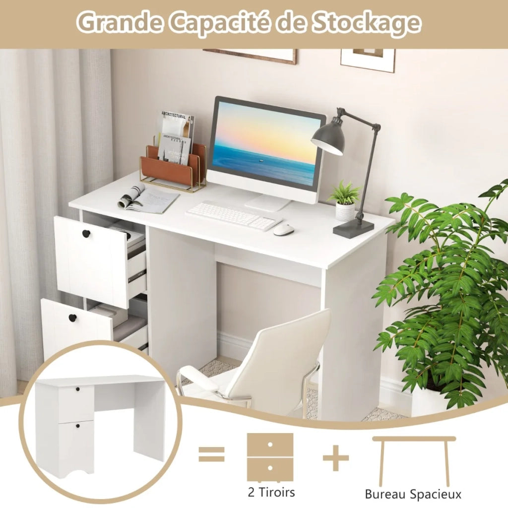 Scrivania per computer con 2 cassetti tavolo da studio compatto e postazione di lavoro per ufficio bianco