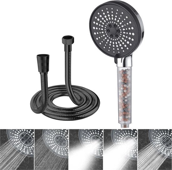 Douchetta con tubo in acciaio inossidabile da 1,5 m, testa da doccia con filtro, 5 getti, doccia a mano, testa da doccia, economia d'acqua, testa da doccia universale, G1/2 pollice universale