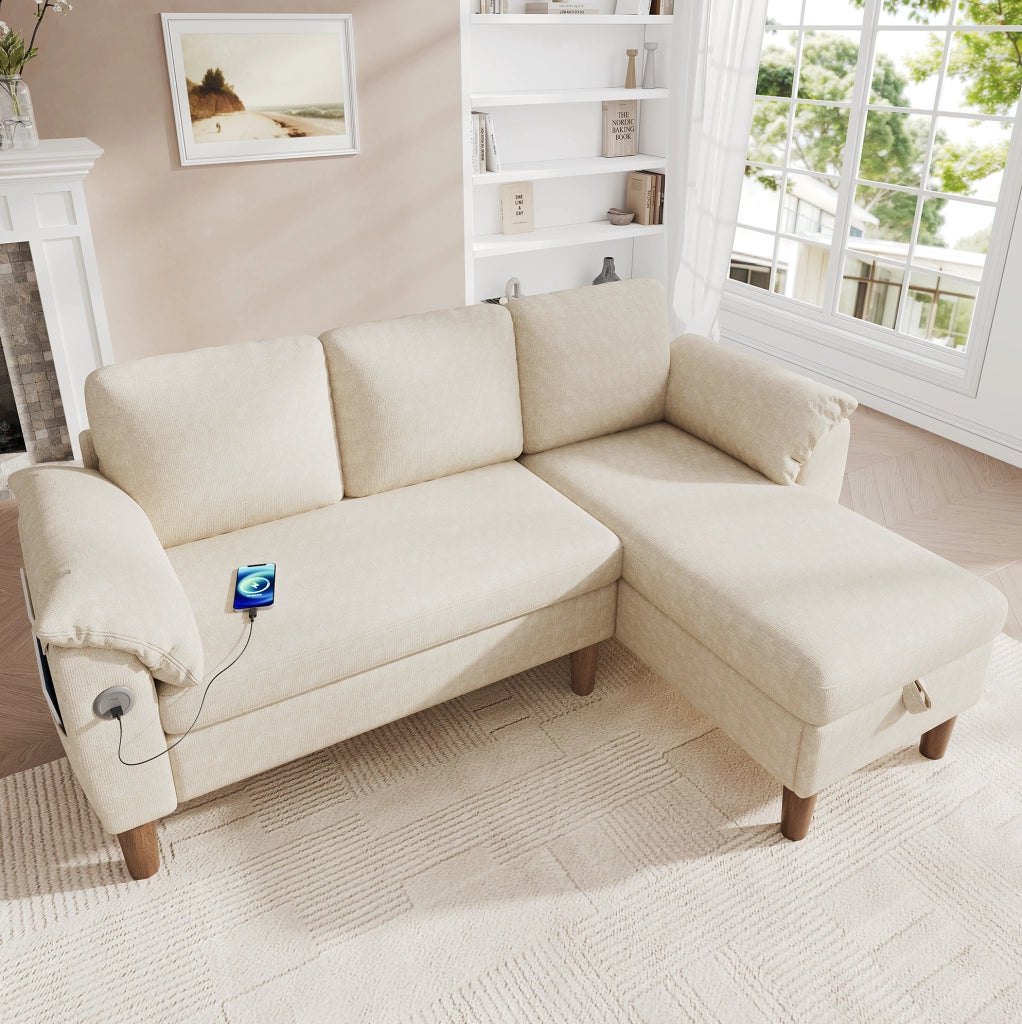 Divano angolare a L 3 posti con chaise longue reversibile e contenitore; USB/Type-C; chenille beige