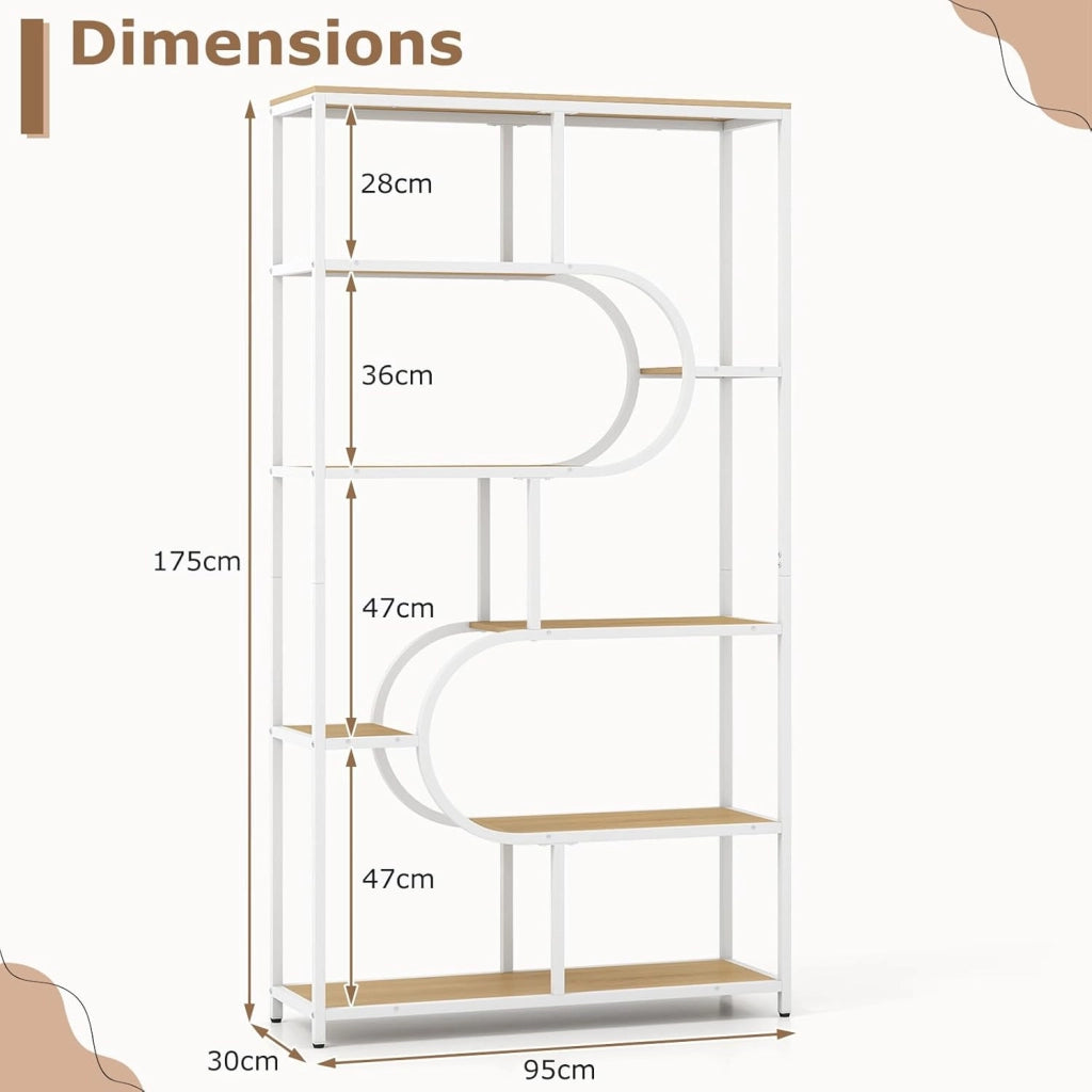 Libreria Geometrica a 8 livelli, scaffale portaoggetti con ripiani aperti in legno, struttura in metallo, kit antiribaltamento, 95 x 30 x 175 cm, per soggiorno, camera da letto, ufficio