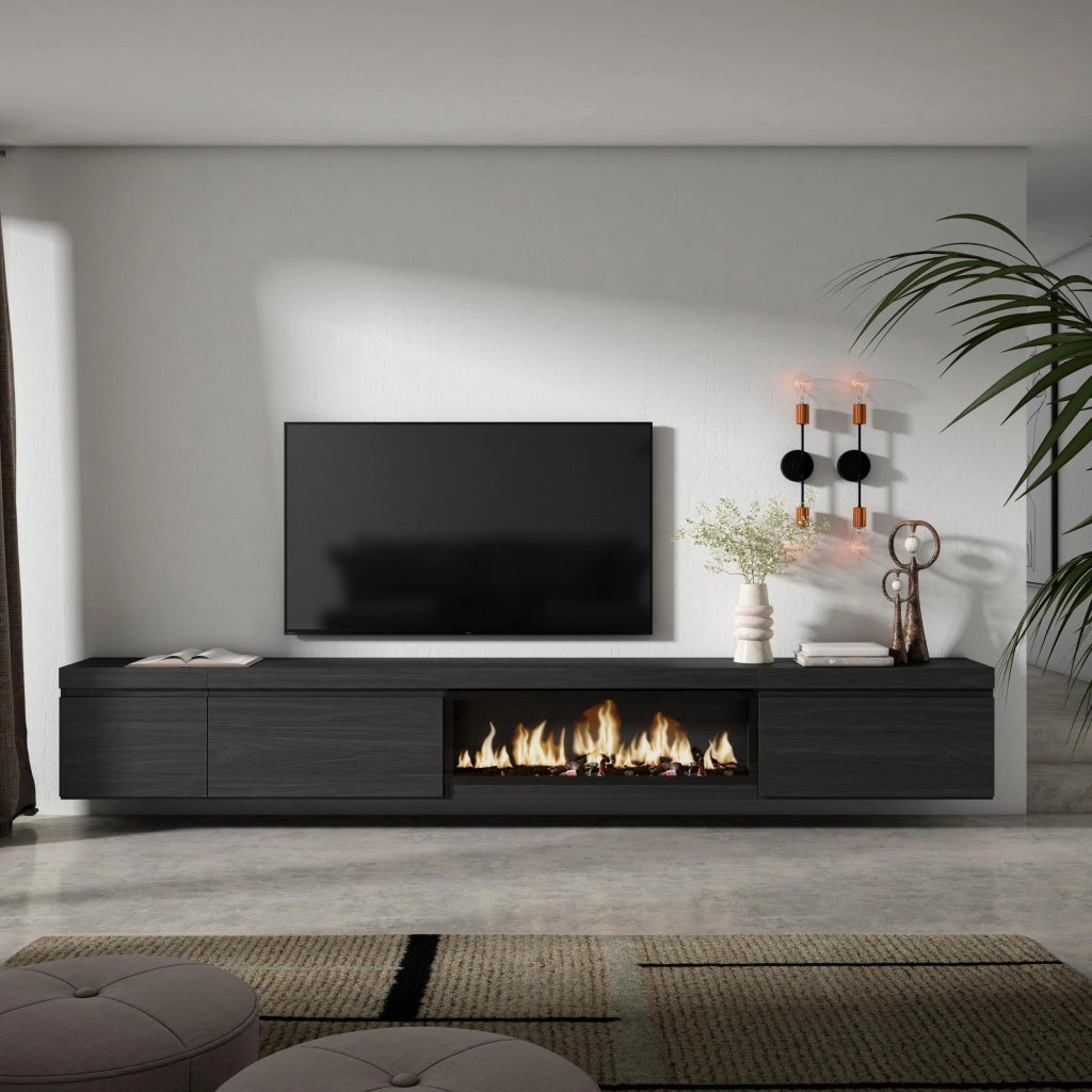 Mobile TV Soggiorno, 317x35x45cm, Camino elettrico XXL, da appendere, Nero RF3673
