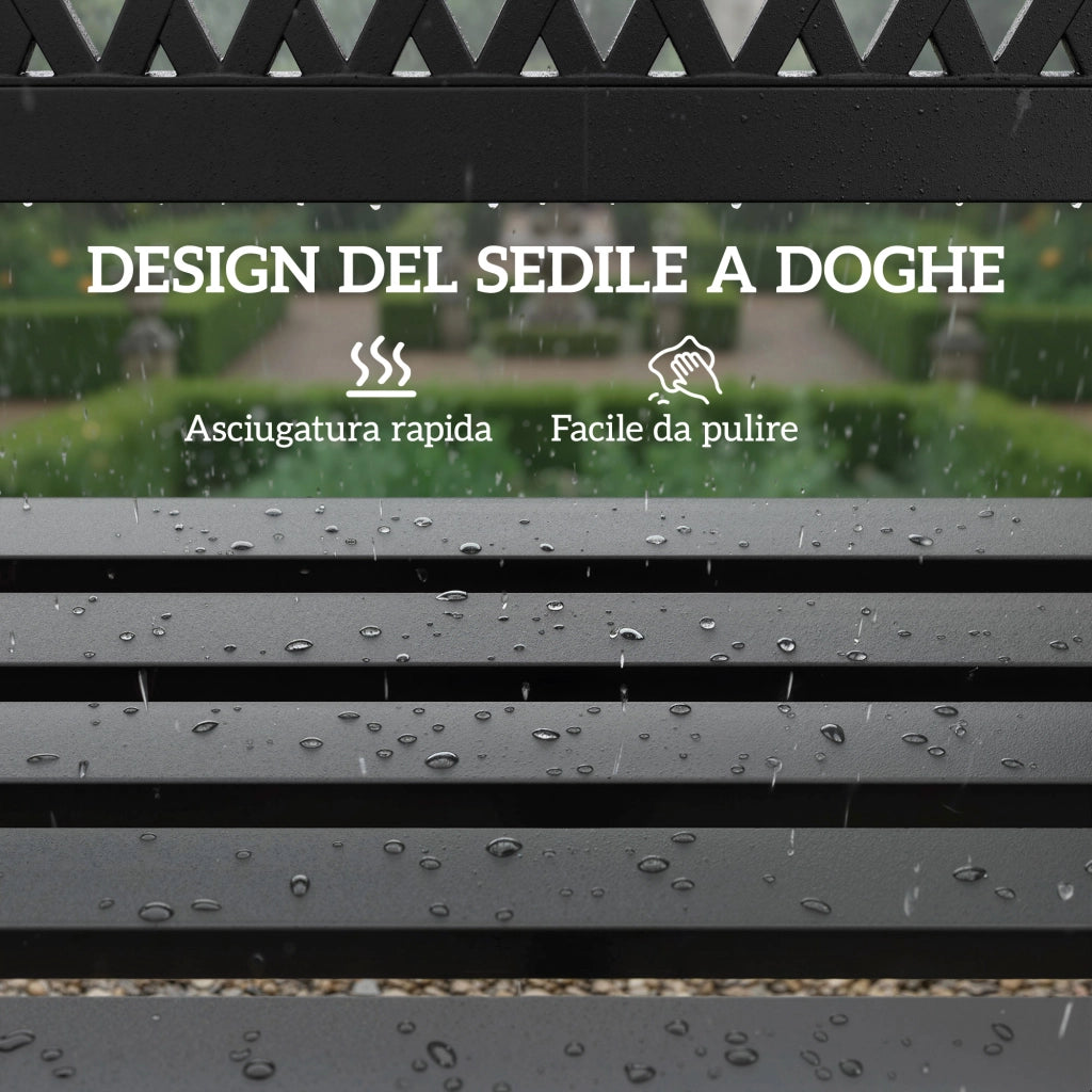 Panchina da Giardino 2 Posti a Doghe con Braccioli, in Metallo, 119x50x75 cm, Nero