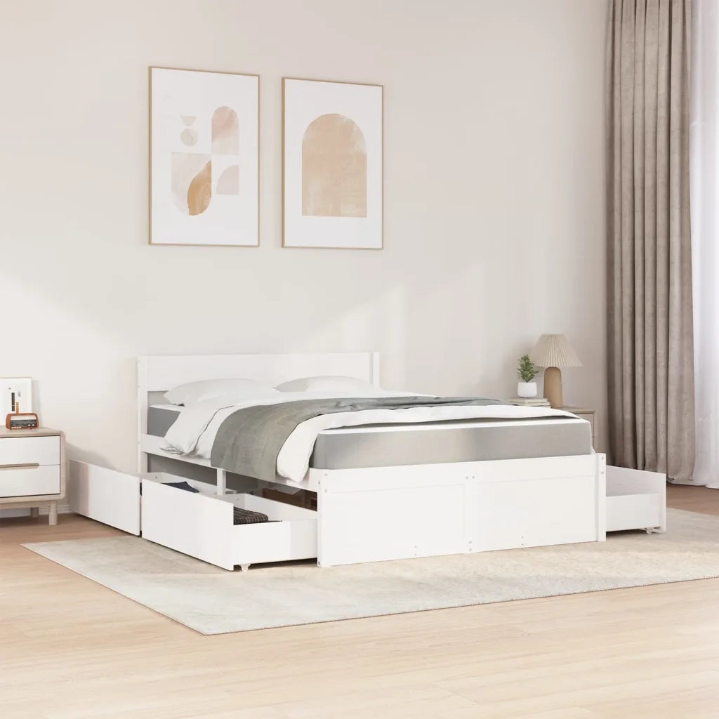 Letto Cassetti e Materasso Bianco 120x200cm Legno Massello Pino 3281902