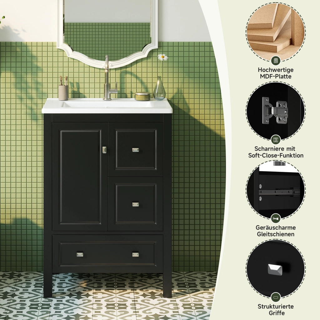 Mobile sottolavabo da bagno con lavabo in ceramica, 1 porta e 3 cassetti, in MDF laccato, nero, 62 × 47 × 90 cm