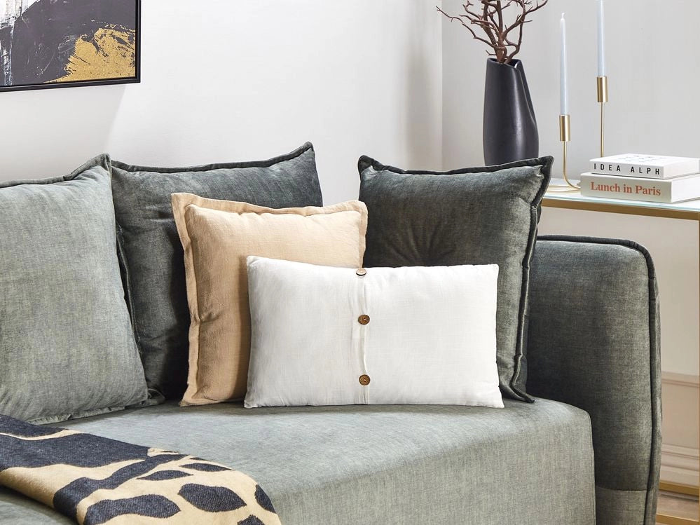 Set di 2 cuscini in lino e cotone bianco sfoderabili con bottoni decorativi 30 x 50 cm soggiorno camera da letto