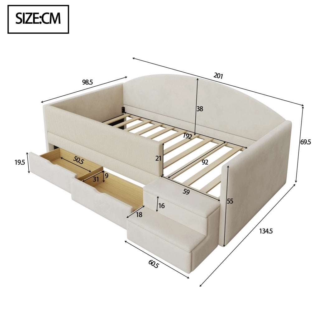 Letto imbottito per bambini 90x190 cm in velluto beige con 2 cassetti e gradini di sicurezza