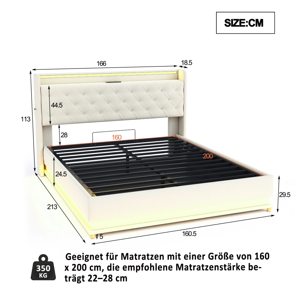 Letto imbottito 160x200 cm LED con USB e contenitore; tessuto e metallo beige