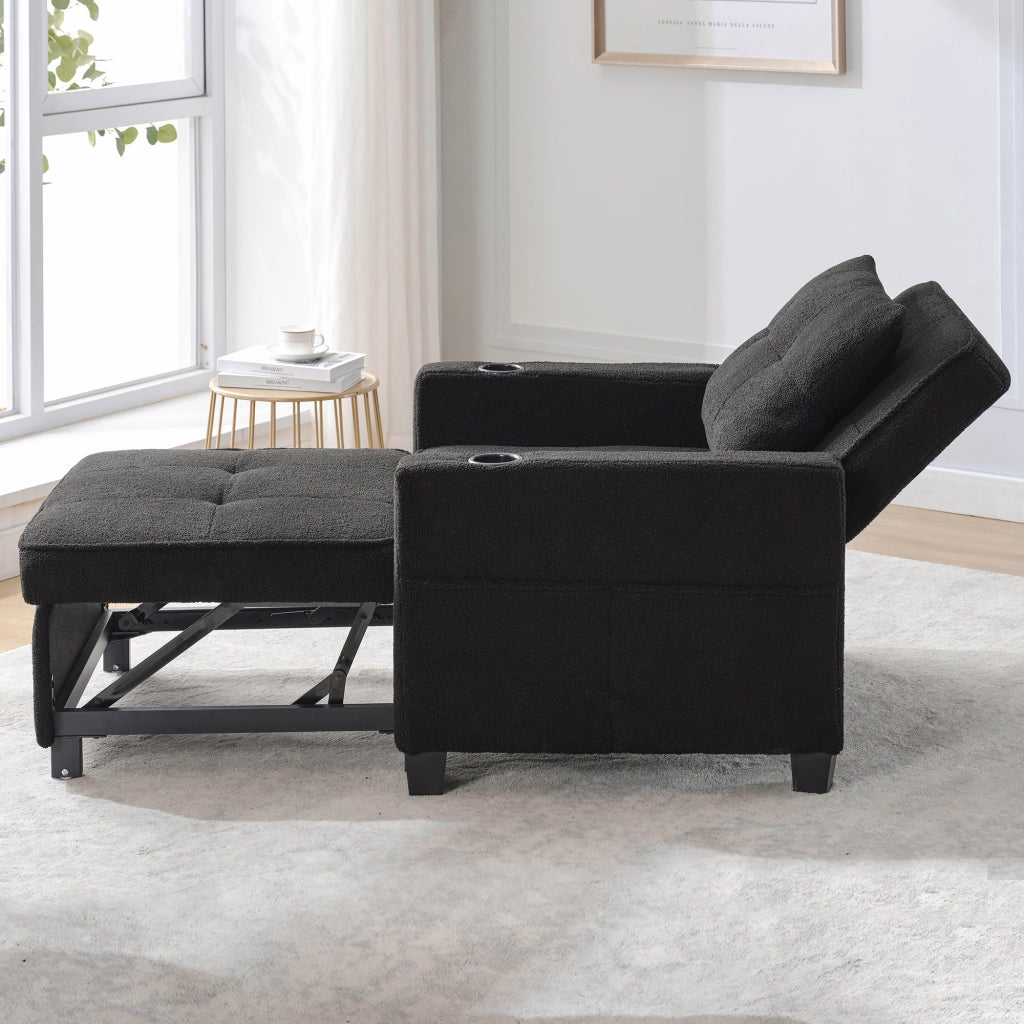 Fauteuil convertibile 3 in 1 con schienale regolabile, porta bicchieri, porta USB e tasca laterale nero 74 × 87 × 84 cm