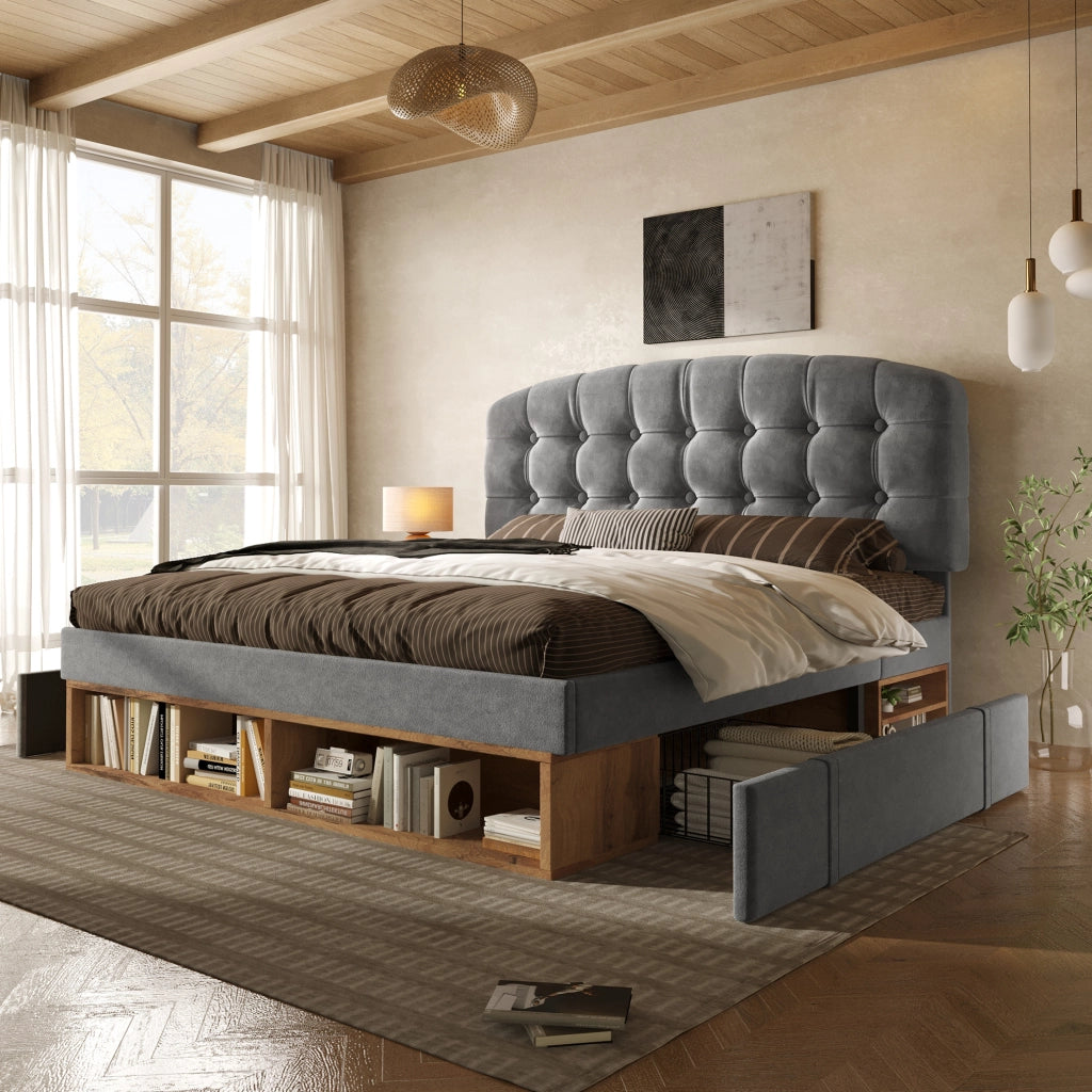 Letto singolo imbottito 90x200 cm in velluto grigio con testiera regolabile e cassetti