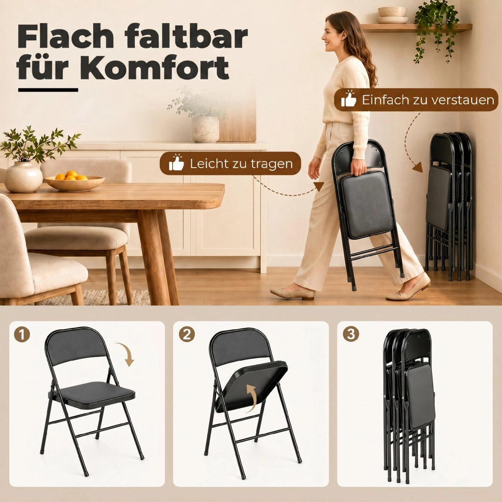 Set di 4 sedie pieghevoli ¨C zephmum ¨C similpelle nero, gambe in metallo