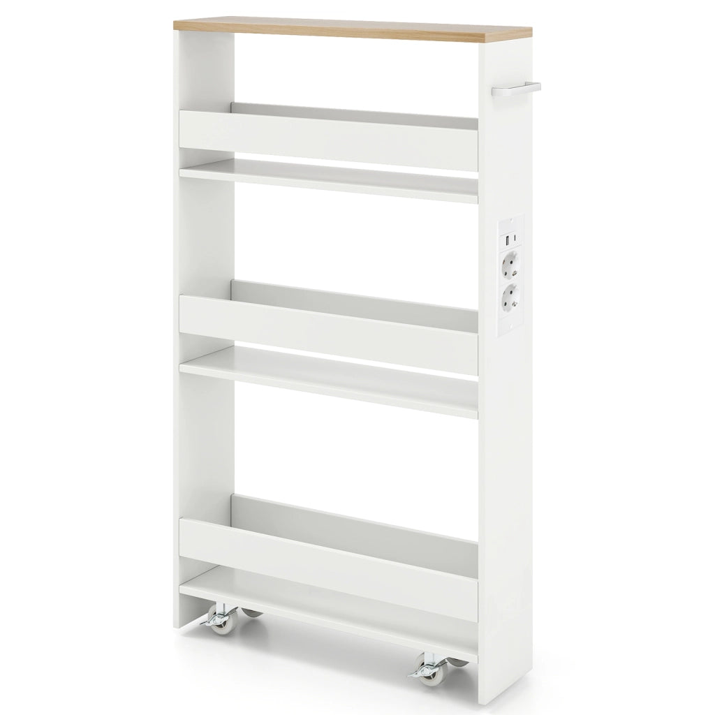 Carrello da cucina 4 ripiani con stazione di ricarica maniglia e parapetti-Scaffale stretto a sfilo con ruote bloccabili per cucina  Bianco e naturale