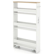 Carrello da cucina 4 ripiani con stazione di ricarica maniglia e parapetti-Scaffale stretto a sfilo con ruote bloccabili per cucina  Bianco e naturale