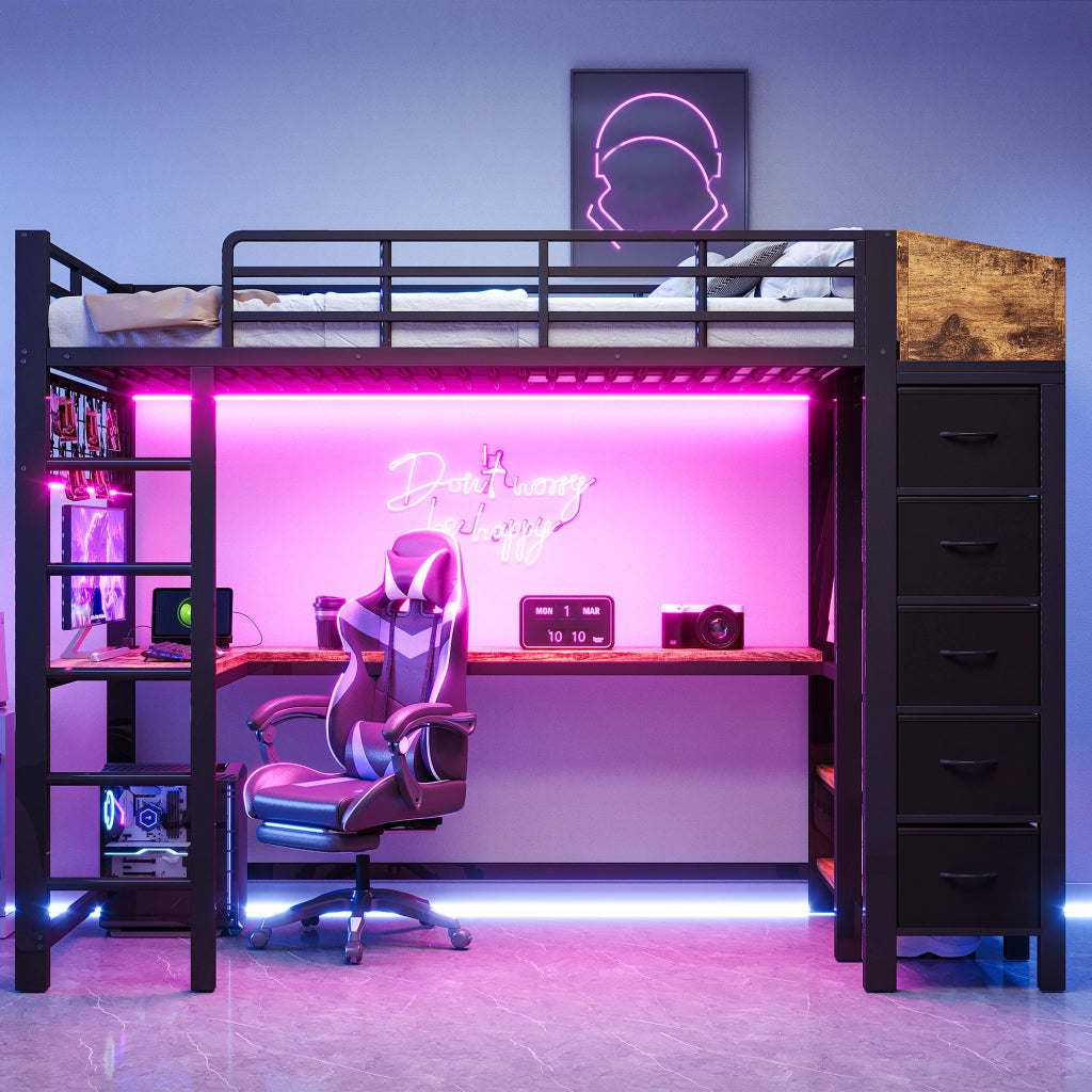 Letto a soppalco in metallo 90x200 cm con scrivania gaming, sistema di contenimento e luci LED