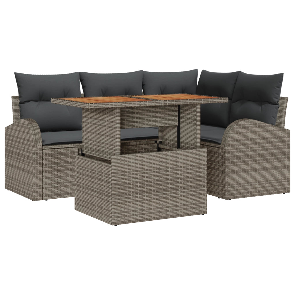 Set di divano da giardino a 5 pezzi con cuscini in polyrattan grigio