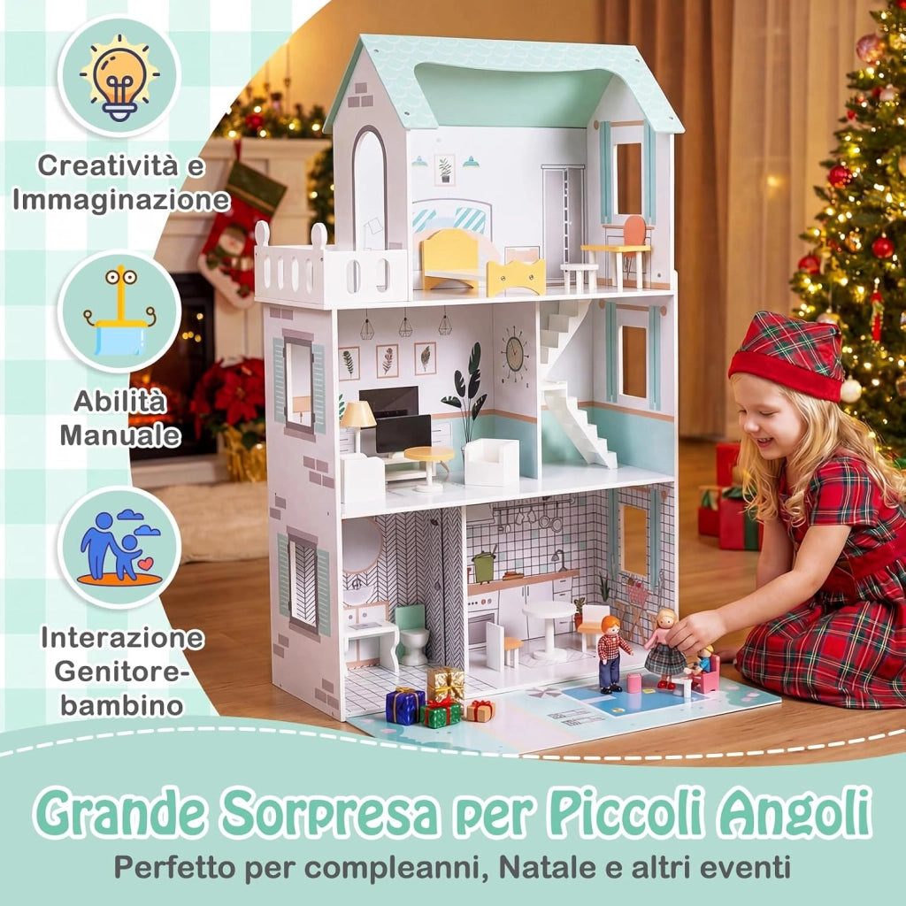 Casa delle Bambole a 3 Piani in Legno, Casa Barbie con Scale e 17 Pezzi di Mobili Completi, Villa da Principessa Fai-da-Te Giocattolo per Bambini 3+ Anni, 74,5 x 63 x 120,5 cm (Verde)
