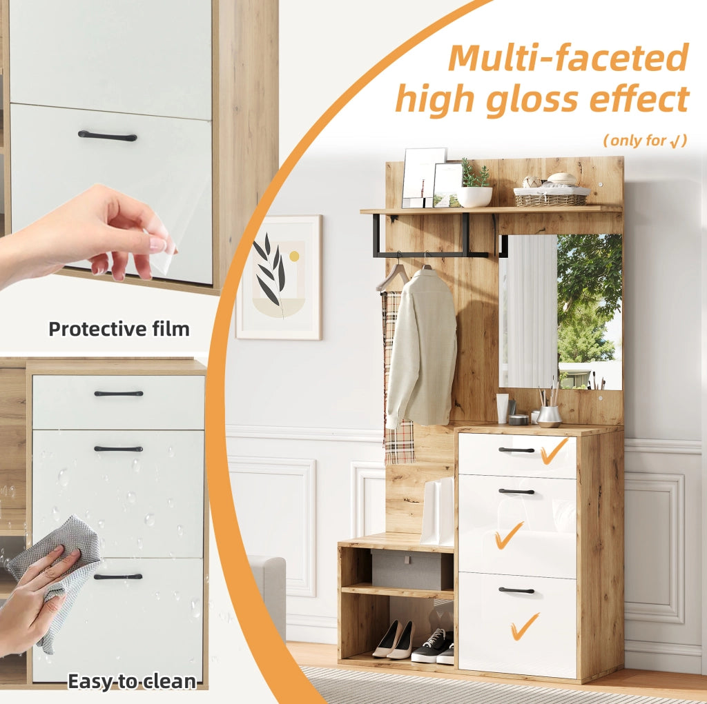 Mobile ingresso multifunzionale 100 x 38;5 x 190 cm con specchio; cassetto e scarpiera; bianco e naturale