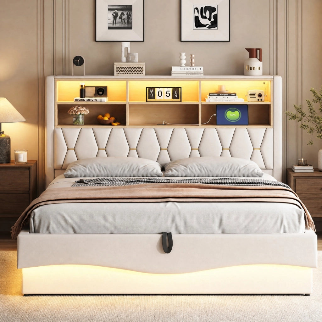 Letto matrimoniale 180x200 cm con contenitore; LED controllabile via app; USB e rivestimento in lino beige