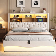 Letto matrimoniale 180x200 cm con contenitore; LED controllabile via app; USB e rivestimento in lino beige