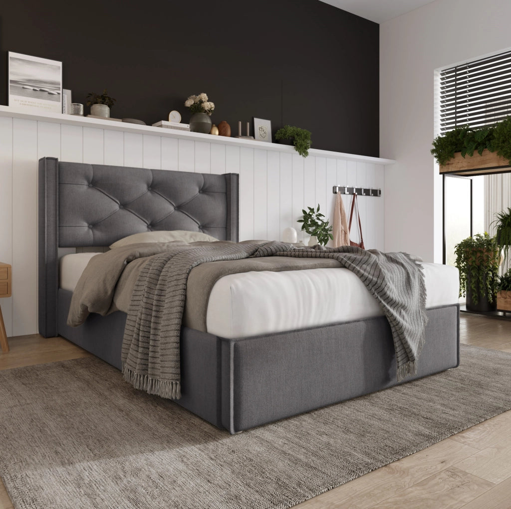 Letto contenitore singolo ULEVR 90x200 cm con sollevamento a cilindri e rete a doghe, cotone grigio