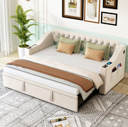 Divano letto imbottito 90x190 cm trasformabile in 180x190 cm; velluto beige con USB