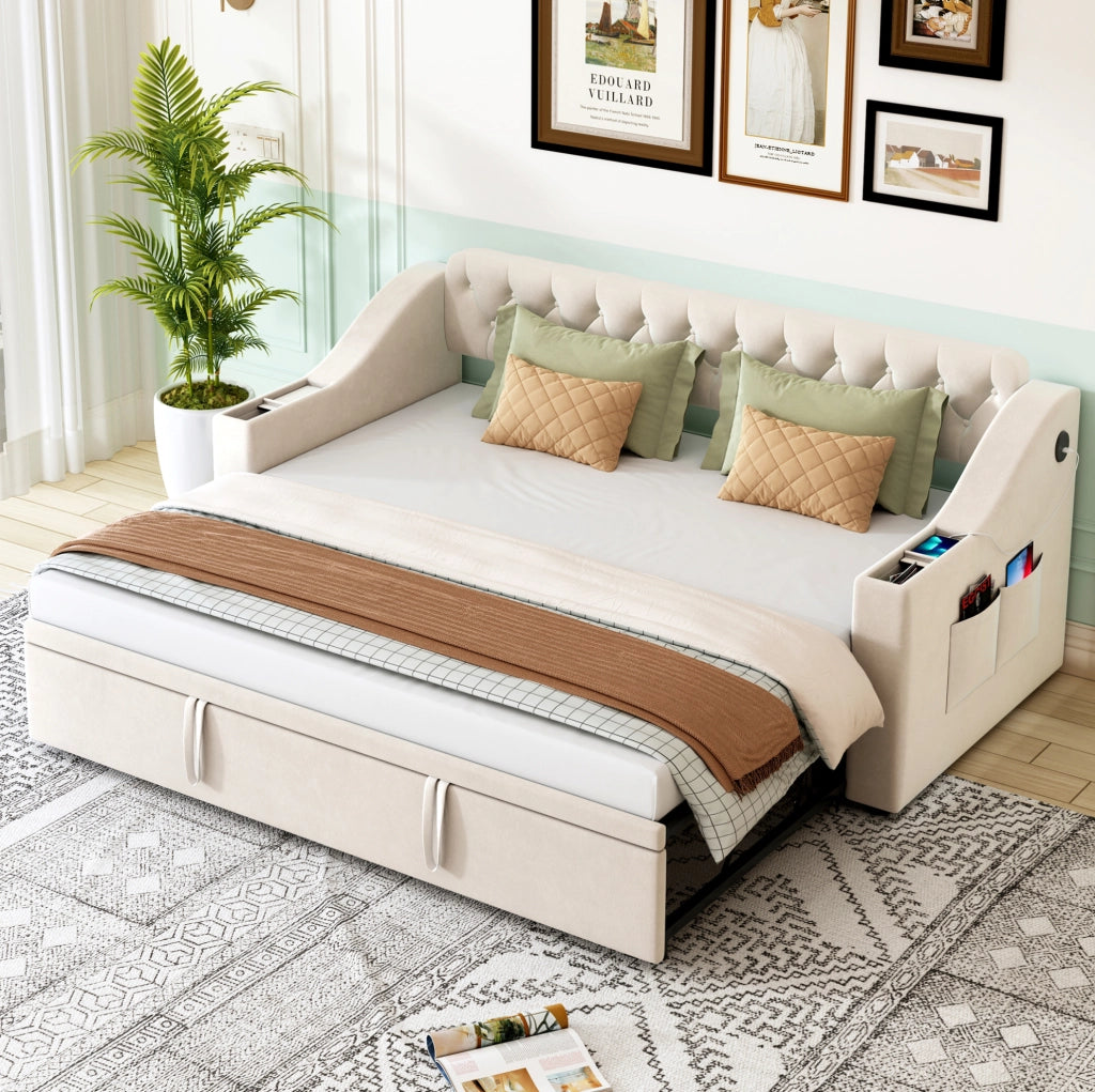 Divano letto imbottito 90x190 cm trasformabile in 180x190 cm; velluto beige con USB