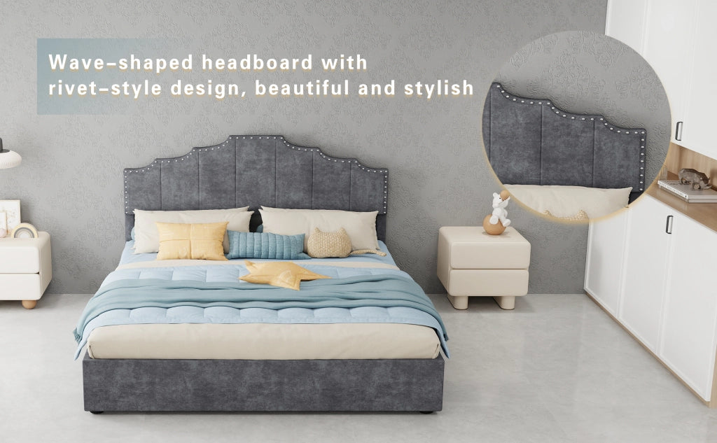 DESMIU Letto matrimoniale 160 × 200 cm in tessuto e metallo, testiera geometrica, senza materasso, grigio
