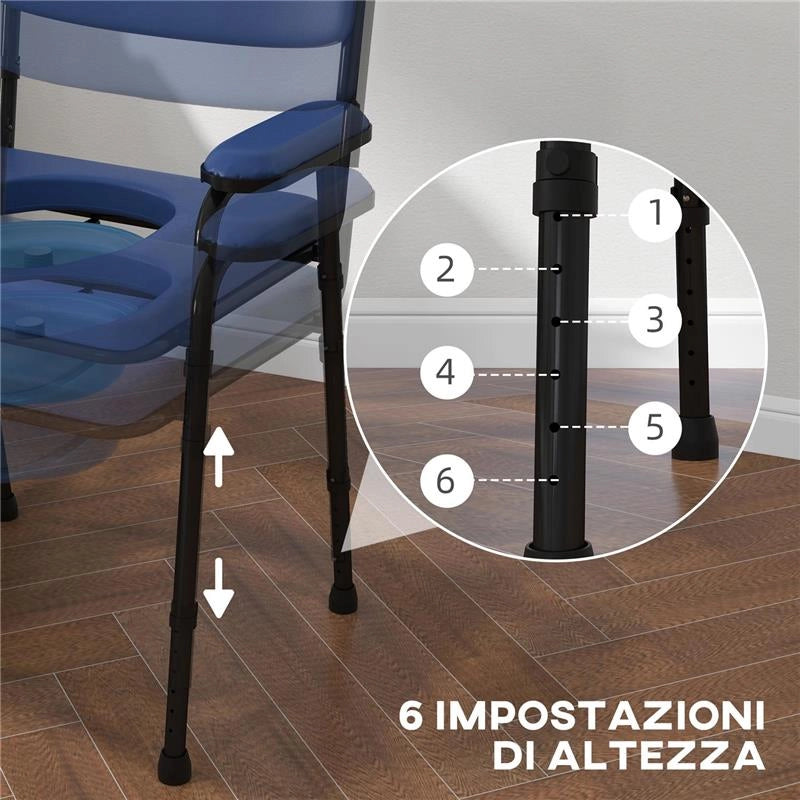 SEDIA COMODA 5 IN 1 PER ANZIANI E DISABILI PER WC E DOCCIA ALTEZZA REGOLABILE E SECCHIO RIMOVIBILE BLU