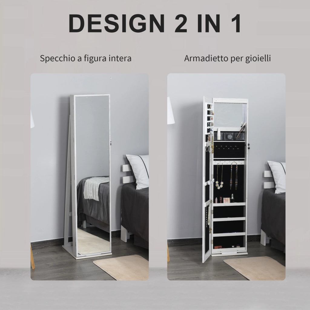 Specchio Portagioie da Terra a LED 15x15x61,75 cm con 4 Scaffali Struttura in Legno Bianco