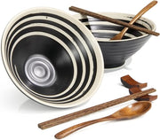 Set di Bowl per Ramen in Ceramica da 2 pezzi - 1000 ml - Design Retro - Resistente al Microonde - Incluso Cucchiai e Spiedini - Adatto per Fruita, Verdure e Pasta - Nero