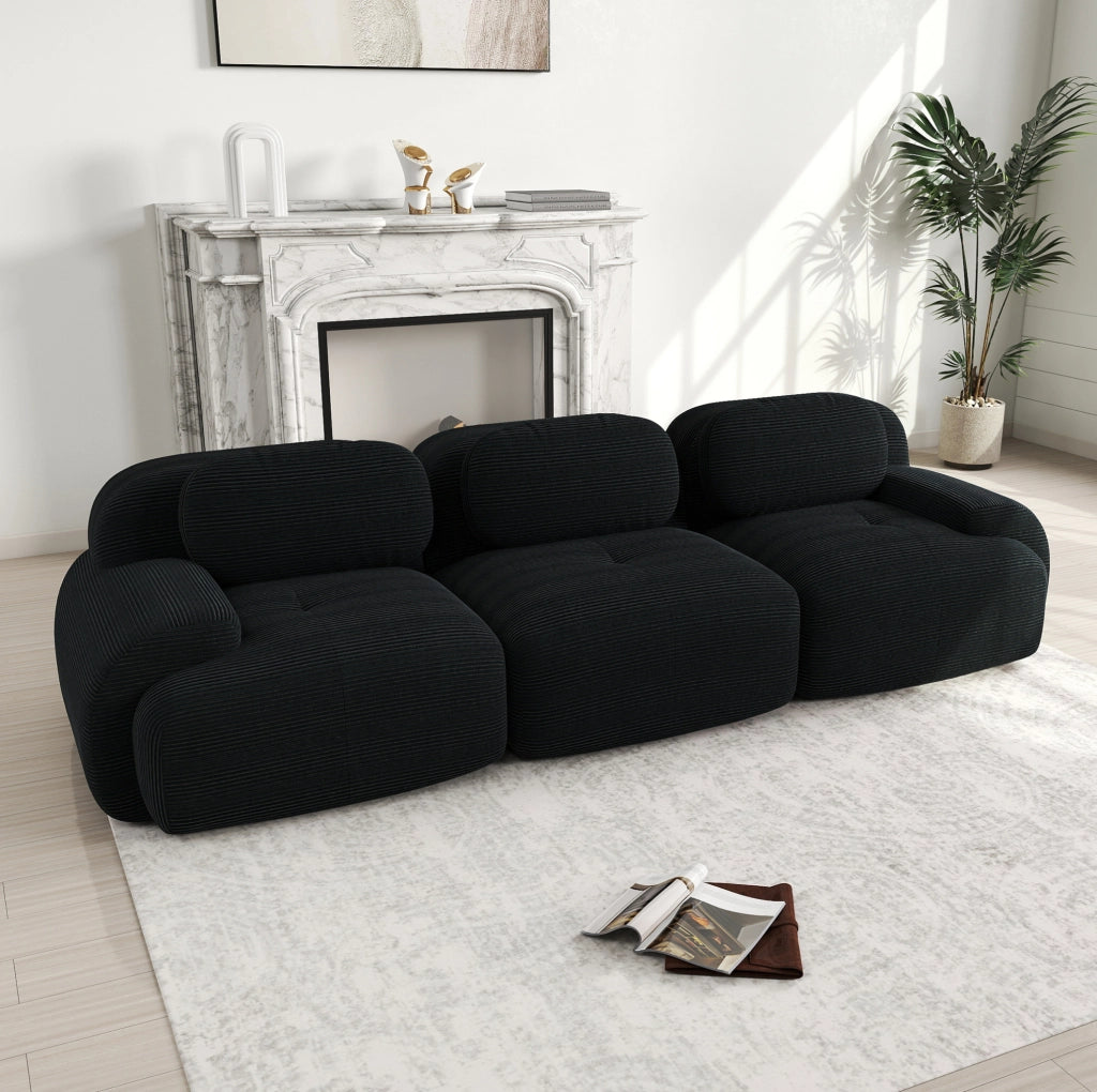 Divano angolare modulare 298x103x70 cm in tessuto a coste nero; senza montaggio