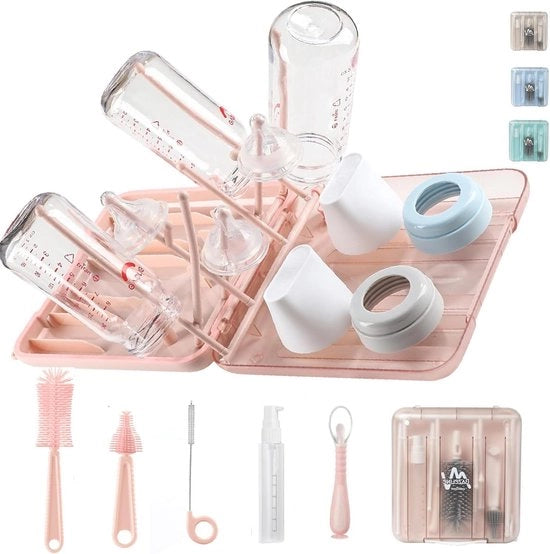 Set di pulizia 7 in 1 con spazzola per bagni pennello per aspirazione pennello per spazzolare dispenser di sapone cucchiaio asciugamano per bambini contenitore per biberon dotazione di viaggio - Rosa