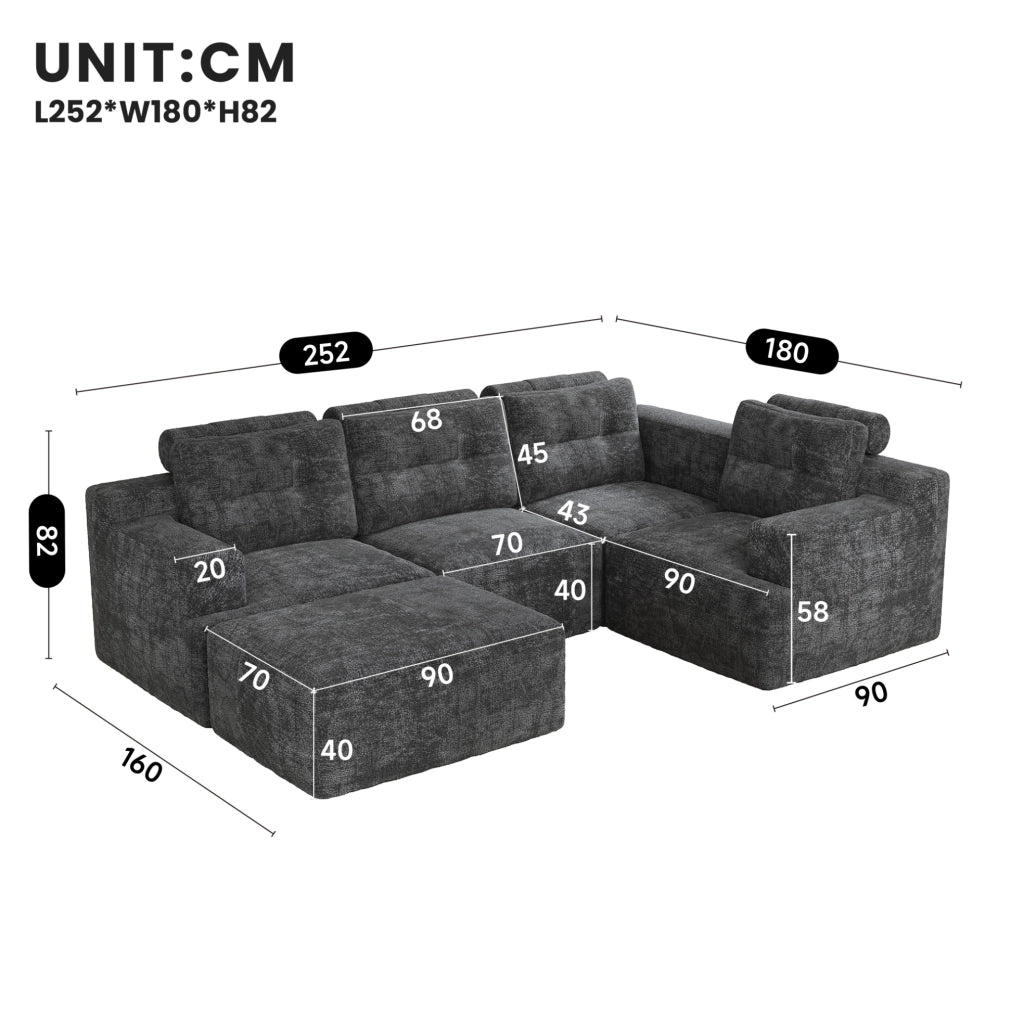 Divano modulare 5-6 posti in ciniglia grigio con pouf; 252x180x82 cm