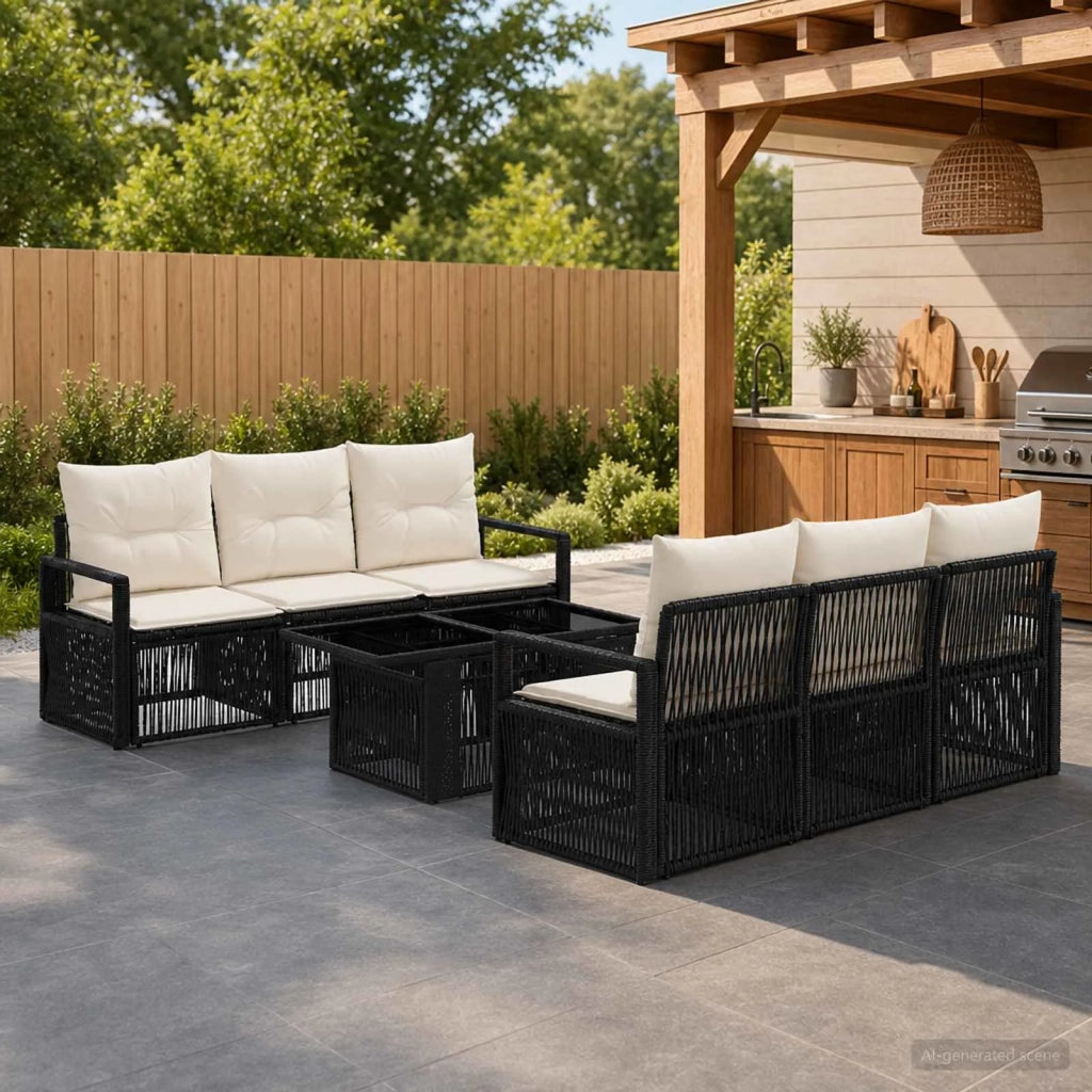 Set Divano da Giardino 7 pz Nero e Bianco Crema polyrattan 3437053