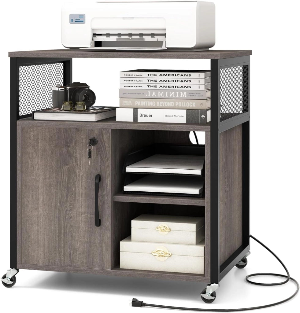 Armadietto per Archivio con Ruote, Mobile Per Documenti con 2 Scomparti, Ripiani Regolabili, Interfaccia USB e TYPE-C, per Soggiorno, Ufficio, Studio, 60 x 43,5 x 65,5 cm (Grigio)