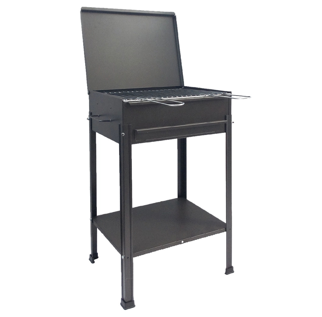 Barbecue a Carbone Stromboli 60x40x78 cm con Coperchio Ripiano e Cassetto per la Cenere in Acciaio Nero