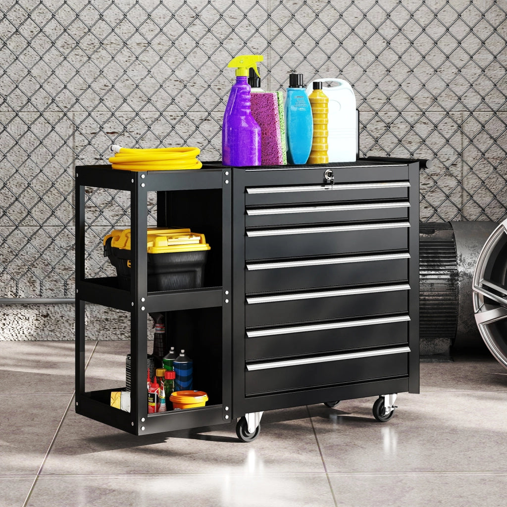 Carrello Portautensili 96x33,5x75 cm con 7 Cassetti Mensola Laterale Staccabile Ruote Capacità 120kg in Acciaio Nero